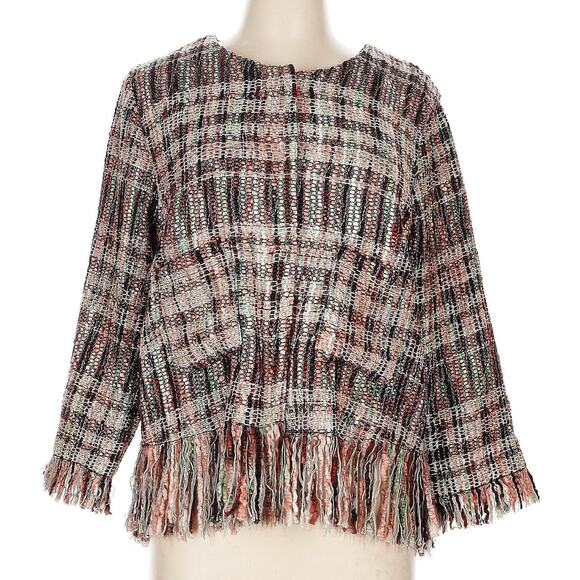 Anthropologie Tweed Fringe Blazer Women’s L Academia Neutral Boho Wool Blend NEW - Picture 2 of 7